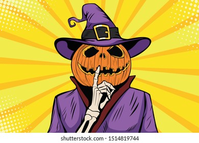 Halloween pumpkin character make silence gesture. Comic cartoon pop art retro holiday party vector illustration