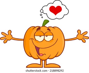 Halloween Pumpkin Character With Open Arms For Hugging And Speech Bubble With Heart