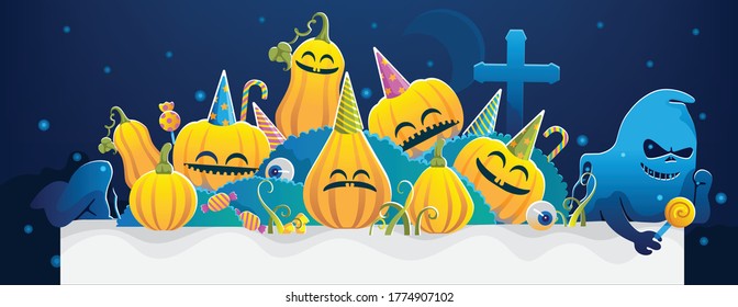 Halloween pumpkin character set. Halloween background. Halloween candy at the graveyard and the terrifying ghosts. Party nights of cute decorations. The paper empty space for your text. Vector