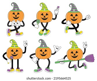 Halloween pumpkin character set in cartoon comic style. Happy halloween greeting with pumpkins. Halloween set of patches in cartoon comic style. Vintage Halloween pumpkin character design.