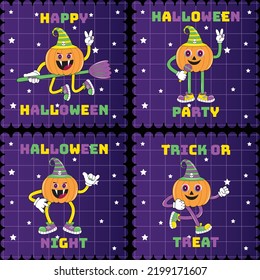 Halloween pumpkin character set in cartoon comic style. Halloween pumpkin character set in cartoon comic style. Halloween Badges, Label, Stamp and Postage. Halloween cartoon characters sticker pack.