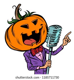 Halloween pumpkin character singer. Holiday party. Isolate on white background. Comic cartoon pop art retro vector illustration