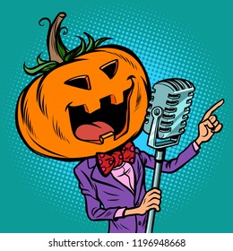 Halloween pumpkin character singer. Holiday party. Comic cartoon pop art retro vector illustration