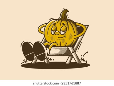 Halloween pumpkin character sleep on the chair, design in vintage retro style