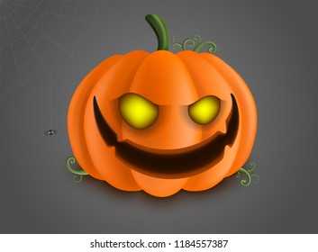 Halloween Pumpkin Character, Yellow Eyes, Little Black Spider with Web, Realistic Hand Drawn Vector 3D Illustration