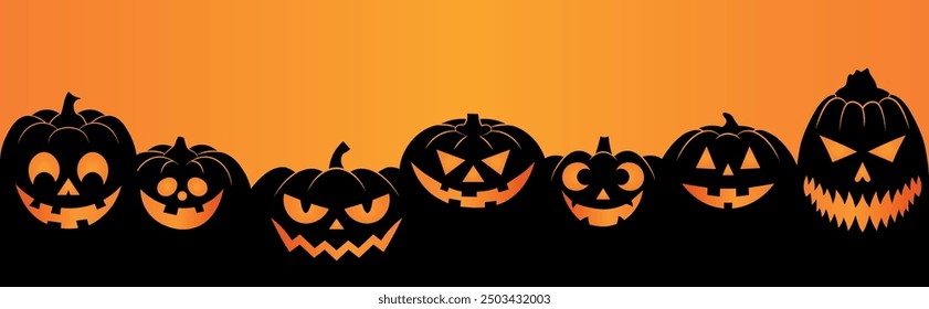 Halloween pumpkin characters banner, scary squash lanterns silhouettes. Spooky funny jack-o-lanterns halloween poster vector background illustration. Holiday party banner