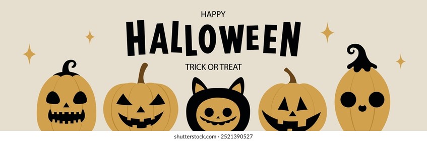 Banner de personagens de abóbora de Halloween, silhuetas de lanternas de abóbora assustadoras. Spooky bonito engraçado jack-o-lanternas halloween cartaz vetor ilustração de fundo