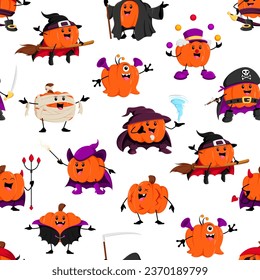 Halloween pumpkin characters pattern. Vector seamless background featuring adorable gourd personages wearing spooky costumes of witch, vampire, mummy and clown, alien, pirate or devil and grim reaper