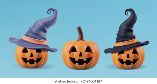 Halloween pumpkin characters in pointy wizard hats. Creepy 3d laughing face, helloween jack lantern in wizard cap. Cute party costume, orange happy scary spooky gourd, plastic cartoon realistic render