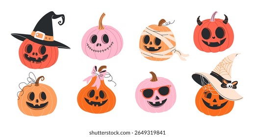 Conjunto de arte de abóbora de Halloween. Fofo bonito com abóboras planas isoladas em roupas de bruxa, múmia e diabo sobre fundo branco. Ótimo para desenhos ou adesivos de Truque ou Treat. Ilustrações vetoriais.