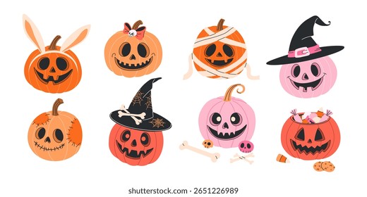 Halloween pumpkin clip art set. Cute bundle with isolated flat pumpkins in witch, mummy, devil, bunny costumes on white background. Great for Trick or Treat designs or stickers. Vector illustrations.