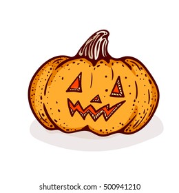 Halloween pumpkin clip-art, isolated on white. Hand drawn sketchy icon of jack-o-lantern, design element for halloween party invitation card, poster, greeting card, banner, coupon.