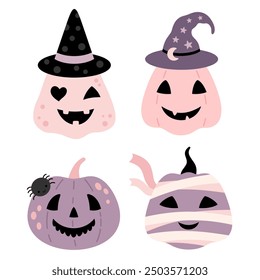 Clipart de calabaza de Halloween. Clipart de calabaza rosa. Arte de Clip de Halloween rosa. Ilustración vectorial dibujada a mano de Halloween niña linda.	