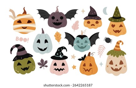 Halloween pumpkin clipart set. Cute spooky seasonal characters, Happy Halloween hand drawn vector illustration in flat style