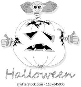 Halloween pumpkin with clown toy. Vector illustration isolated.