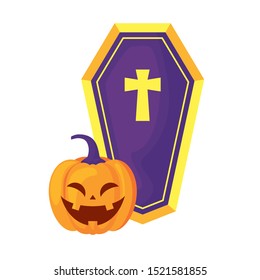 halloween pumpkin with coffin isolated icon vector illustration design