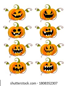 Halloween pumpkin collection with funny faces. Cute jack lantern characters