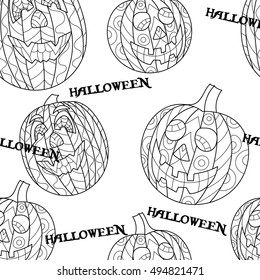 halloween/ pumpkin/ color book for adult/ zentangle style/ seamless pattern