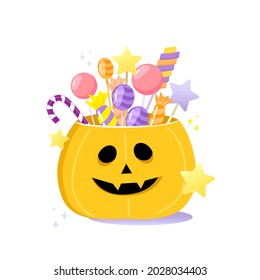 Halloween pumpkin with colorful candy. Vector illutration