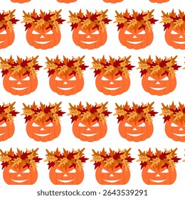 Halloween Pumpkin in Colorful Wreath of Autumn leaves Seamless Pattern Halloween Festive Background