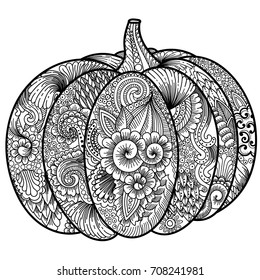 Halloween pumpkin coloring book for adult anti-stress vector illustration. Coloring for adult. Zentangle style. Black and white floral motifs. Lace pattern