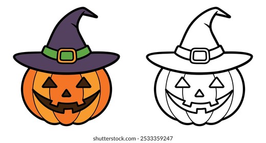 Libro para colorear de calabaza de Halloween para niños. Calabaza de Halloween con diseño de Ilustración vectorial de sombrero de bruja