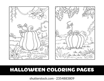Halloween pumpkin coloring pages for kids. Pumpkin themed outlined for coloring page on white background..