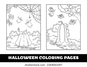 Halloween pumpkin coloring pages for kids. Pumpkin themed outlined for coloring page on white background..