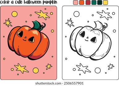 Halloween pumpkin coloring pages for kids. Handdrawn autumn illustration with a funny pumpkin. Doodle pumpkin Trick or treat. Spooky cute face Pumpkin. Vector colouring page in cartoon style.