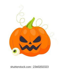 Halloween pumpkin concept. Character for international holiday of fear. Vegetable with eye. Fantasy and imagination. Cartoon flat vector illustration isolated on white background