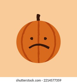 Halloween Pumpkin Confused Emoticon, Cute Orange Face Emote with Open Eyes and a Skewed Frown, October Holidays Jack O Lantern Isolated Vector.