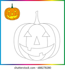Halloween Pumpkin, connect the dots and coloring page. Worksheet - game for kids. Restore dashed line - trace game for children. 