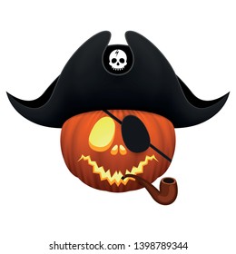 Halloween, pumpkin in the costume of a one-eyed pirate in a hat and a pipe. Isolated on white background.