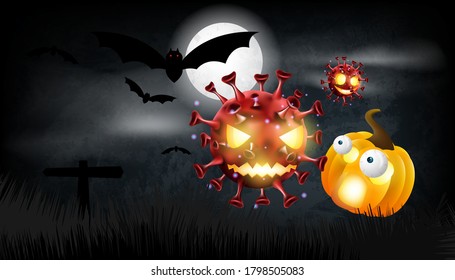 Halloween Pumpkin With Covid Or Coronavirus On Background. Vector Illustration Design.