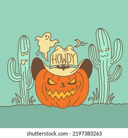 Halloween Pumpkin cowboy vector illustration. Pumpkin wearing cowboy hat with howdy text and American desert cactuses. Vector hand darwn line style illustration card background.