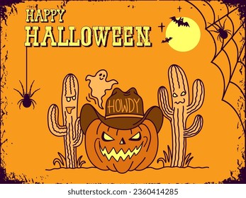 Halloween Pumpkin cowboy vector illustration. Pumpkin wearing cowboy hat with howdy text and American desert cactuses. Vector hand darwn line style illustration card background.