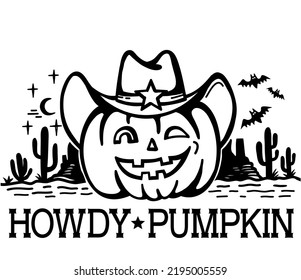 Ilustración imprimible vectorial de vaquero de calabaza de Halloween. Calabaza de Halloween con sombrero de vaquero con texto humorístico y cactus del desierto norteamericano aislados en fondo blanco