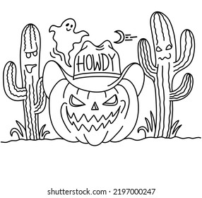 Halloween Pumpkin cowboy vector printable illustration. Halloween pumpkin wearing cowboy hat with howdy text and American desert cactuses. Vector hand darw line style illustration isolated