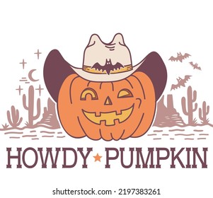 Halloween Pumpkin cowboy vector printable illustration. Halloween pumpkin wearing cowboy hat with howdy text and American desert cactuses. Vector color illustration isolated on white background.