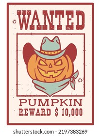 Afiche buscado un vaquero de la calabaza de Halloween. Cartel de Vector Vintage buscado, ilustración de Haalloween.