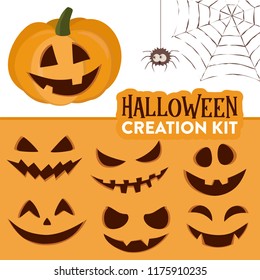 Halloween pumpkin creation kit of cute cartoon pumpkin character vector illustration with different funny or scary faces. Set of different emotions. Create your own pumpkin. Halloween symbols 