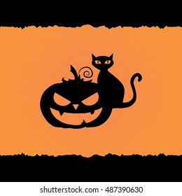 Halloween pumpkin with creepy face and black cursed cat, vector illustration, flat icon, isolated