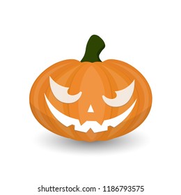 Halloween pumpkin with creepy face on white background with shadow