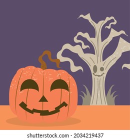 halloween pumpkin and creepy tree