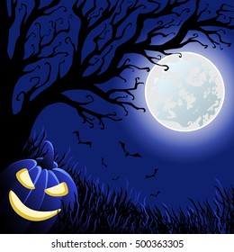 Halloween pumpkin, creepy tree and bats on the blue moon background. Vector illustration 