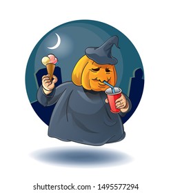 Halloween pumpkin with cup of juice and ice cream in hands. Vector illustration