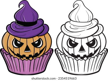 Halloween Pumpkin Cupcake. Hand-drawn lines. Doodles art for greeting cards, invitations, or posters. Coloring book for adults and kids.