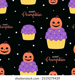 Patrón inconsútil de la magdalena de la calabaza de Halloween en el fondo oscuro para envolver el papel, el Fondo de pantalla o la tarjeta de felicitación
