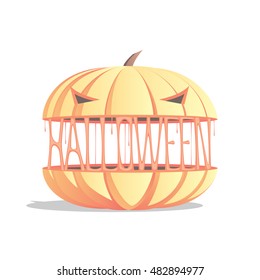 halloween pumpkin cut into two parts, scary pumpkin with halloween sign vector illustration