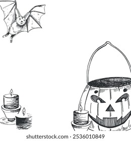 Halloween. Calabaza con una cara recortada, velas encendidas en candelabros, murciélago, todos los objetos se dibujan a mano con tinta y se transfieren al Vector. Ilustración de Halloween. Para imprimir en carteles, postales.